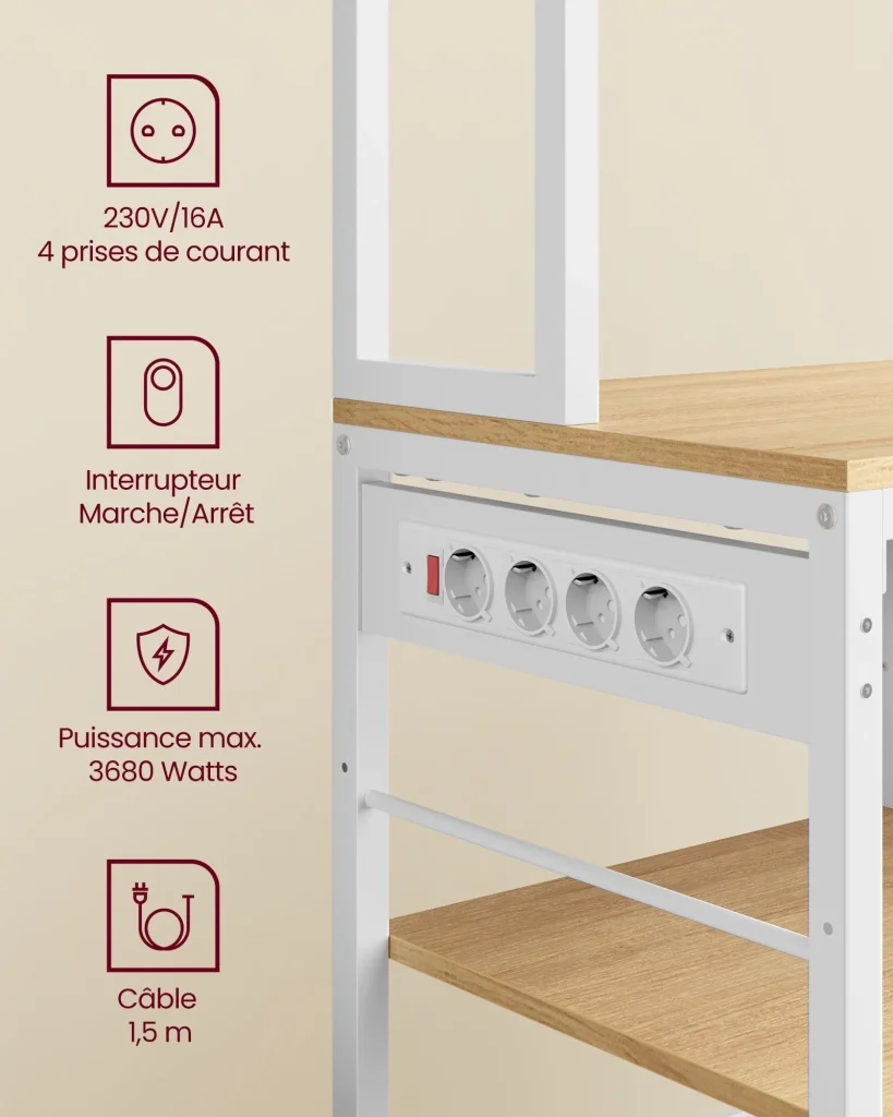 Mensola da cucina con multipresa bar con ripiani regolabili cassetto in tessuto 12 ganci 40 x 100 x 180,4 cm supporto per microonde bianco 12_0005655 - Image 2
