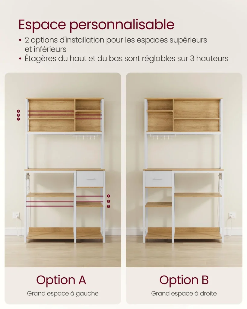 Mensola da cucina con multipresa bar con ripiani regolabili cassetto in tessuto 12 ganci 40 x 100 x 180,4 cm supporto per microonde bianco 12_0005655 - Image 3