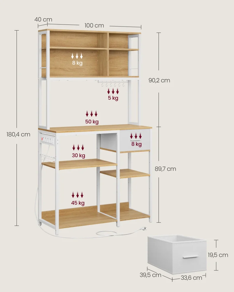 Mensola da cucina con multipresa bar con ripiani regolabili cassetto in tessuto 12 ganci 40 x 100 x 180,4 cm supporto per microonde bianco 12_0005655 - Image 4