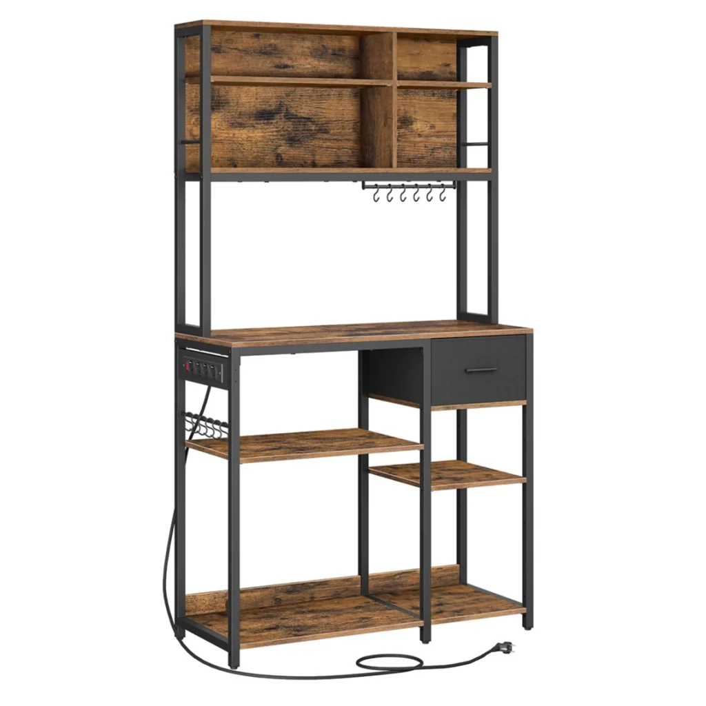Mensola da cucina con multipresa bar con ripiani regolabili cassetto in tessuto 12 ganci 40 x 100 x 180,4 cm supporto per microonde marrone 12_0005654
