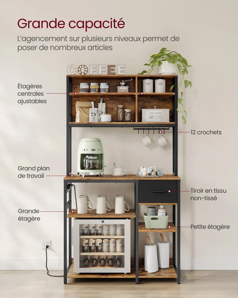 Mensola da cucina con multipresa bar con ripiani regolabili cassetto in tessuto 12 ganci 40 x 100 x 180,4 cm supporto per microonde marrone 12_0005654 - Image 2