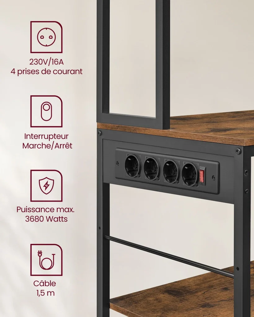 Mensola da cucina con multipresa bar con ripiani regolabili cassetto in tessuto 12 ganci 40 x 100 x 180,4 cm supporto per microonde marrone 12_0005654 - Image 3
