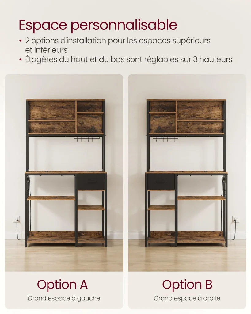 Mensola da cucina con multipresa bar con ripiani regolabili cassetto in tessuto 12 ganci 40 x 100 x 180,4 cm supporto per microonde marrone 12_0005654 - Image 4