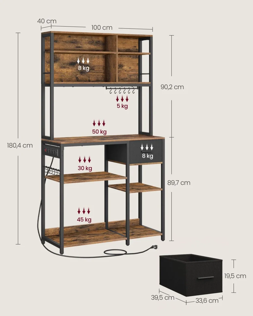 Mensola da cucina con multipresa bar con ripiani regolabili cassetto in tessuto 12 ganci 40 x 100 x 180,4 cm supporto per microonde marrone 12_0005654 - Image 5
