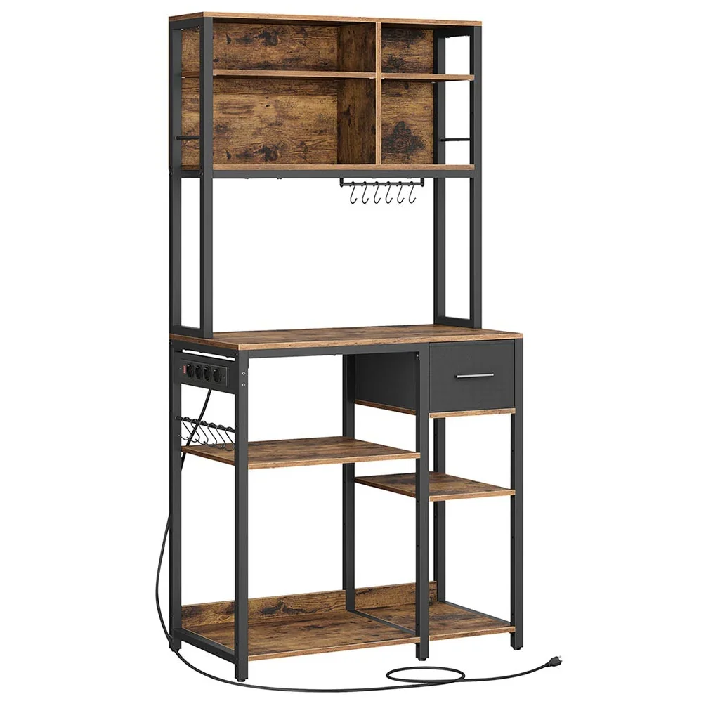 Mensola da cucina con multipresa bar con ripiani regolabili cassetto in tessuto 12 ganci 40 x 80 x 180 cm supporto per microonde marrone rustico e nero inchiostro 12_0005657
