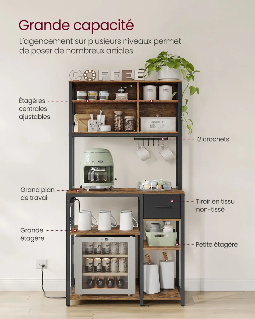 Mensola da cucina con multipresa bar con ripiani regolabili cassetto in tessuto 12 ganci 40 x 80 x 180 cm supporto per microonde marrone rustico e nero inchiostro 12_0005657 - Image 2