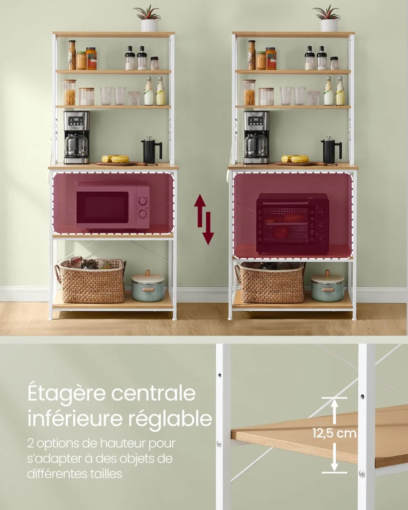 Mensola da cucina con multipresa mensola per macchina da caffè 6 ripiani 6 ganci per forno a microonde struttura in acciaio 40 x 80 x 167 cm bianco 12_0005664 - Image 5