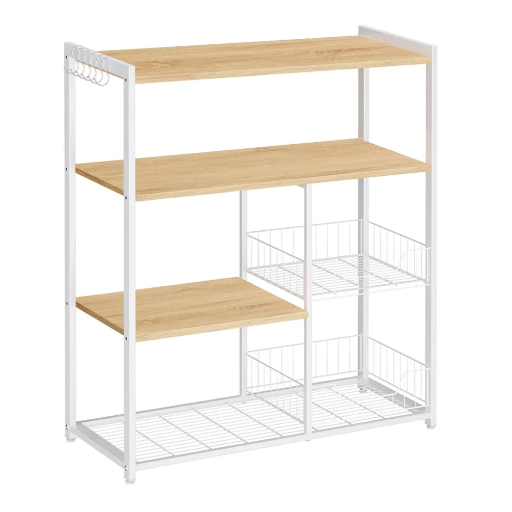 Mensola da cucina indipendente con 2 cestelli in metallo 35 x 80 x 95 cm stile panetteria con ganci e ripiani ripiano per microonde bianco 12_0006121