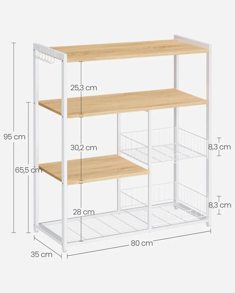 Mensola da cucina indipendente con 2 cestelli in metallo 35 x 80 x 95 cm stile panetteria con ganci e ripiani ripiano per microonde bianco 12_0006121 - Image 3