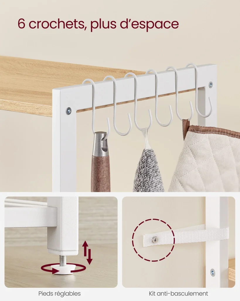 Mensola da cucina indipendente con 2 cestelli in metallo 35 x 80 x 95 cm stile panetteria con ganci e ripiani ripiano per microonde bianco 12_0006121 - Image 4