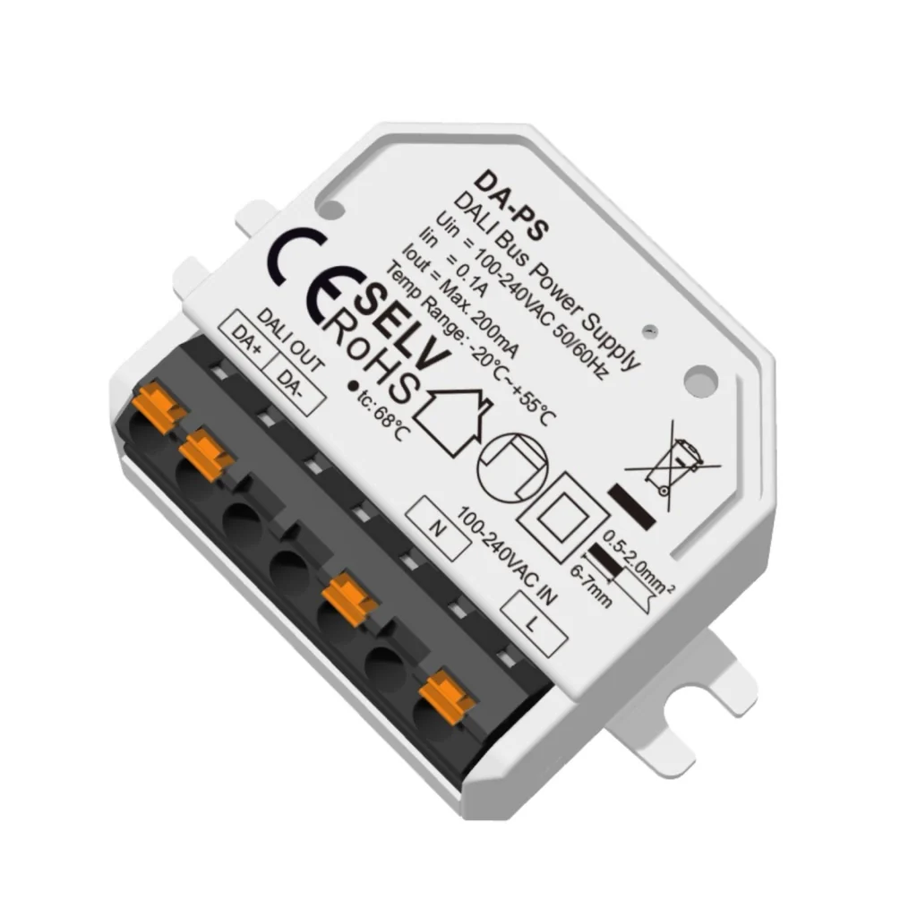 Mini Alimentatore Bus DALI, Input 220V, Uscita 16V DC Max 200mA, Protezione da Cortocircuito, per Master e Dispositivi di Controllo Illuminazione, 56X38X18mm Da Incasso