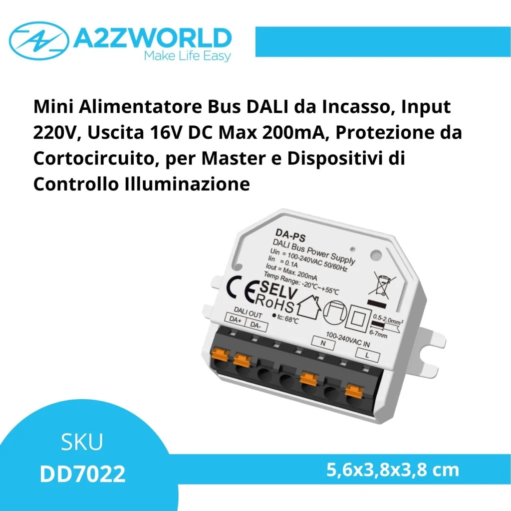 Mini Alimentatore Bus DALI, Input 220V, Uscita 16V DC Max 200mA, Protezione da Cortocircuito, per Master e Dispositivi di Controllo Illuminazione, 56X38X18mm Da Incasso - Image 2