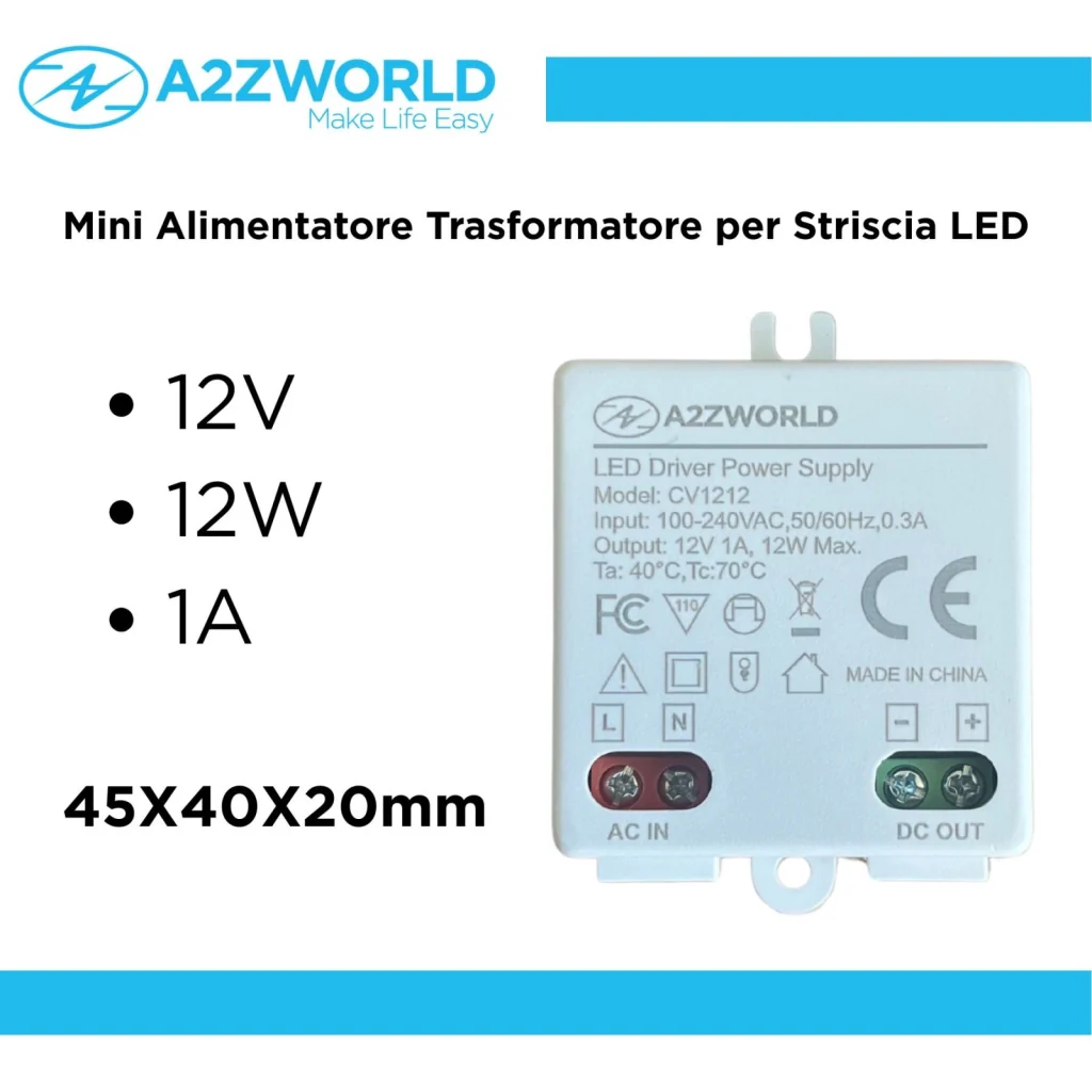 Mini Alimentatore Trasformatore 12V 12W 1A Per Striscia Led 45X40X20mm - Image 4