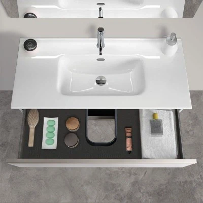 Mobile bagno sospeso 100 cm bianco opaco con lavabo e specchio tondo Master - Image 2