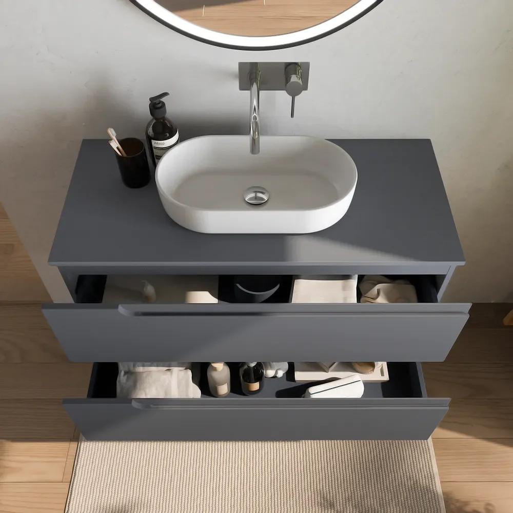 Mobile bagno sospeso 100 cm due cassetti grigio opaco con top | Ardenne - Image 4
