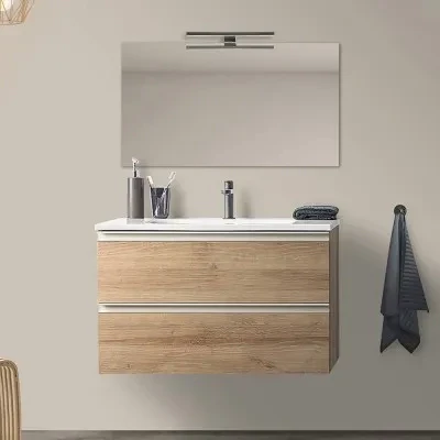 Mobile bagno sospeso 100 cm rovere miele con lavabo e specchio tondo Master