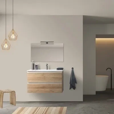 Mobile bagno sospeso 100 cm rovere miele con lavabo e specchio tondo Master - Image 6
