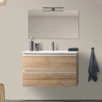 Mobile bagno sospeso 100 cm rovere miele con lavabo e specchio tondo Master - Image 7