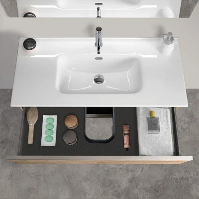 Mobile bagno sospeso 100 cm rovere miele con lavabo e specchio tondo Master - Image 8