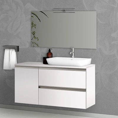 Mobile bagno sospeso 120 cm bianco opaco con due cassetti anta e specchio tondo Master