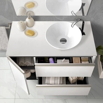 Mobile bagno sospeso 120 cm bianco opaco con due cassetti anta e specchio tondo Master - Image 2