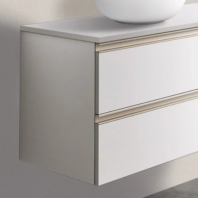 Mobile bagno sospeso 120 cm bianco opaco con due cassetti anta e specchio tondo Master - Image 3