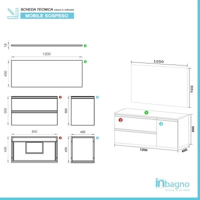 Mobile bagno sospeso 120 cm bianco opaco con due cassetti anta e specchio tondo Master - Image 4