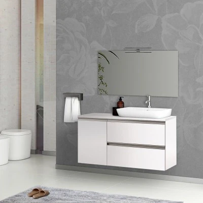 Mobile bagno sospeso 120 cm bianco opaco con due cassetti anta e specchio tondo Master - Image 6