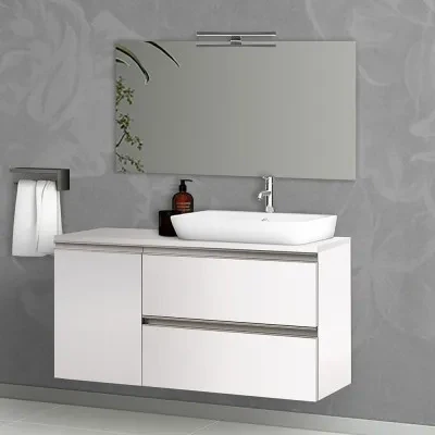 Mobile bagno sospeso 120 cm bianco opaco con due cassetti anta e specchio tondo Master - Image 7