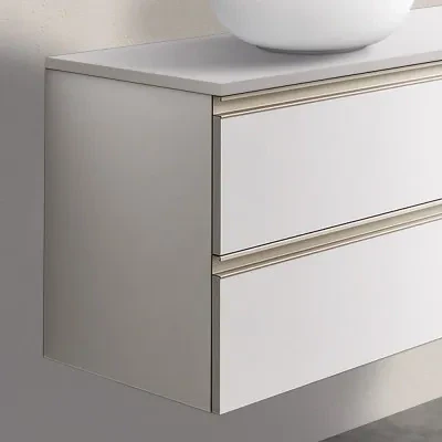 Mobile bagno sospeso 120 cm bianco opaco con due cassetti anta e specchio tondo Master - Image 9