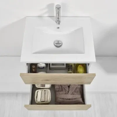Mobile bagno sospeso 60 cm Duble rovere africa con lavabo e specchio - Image 7