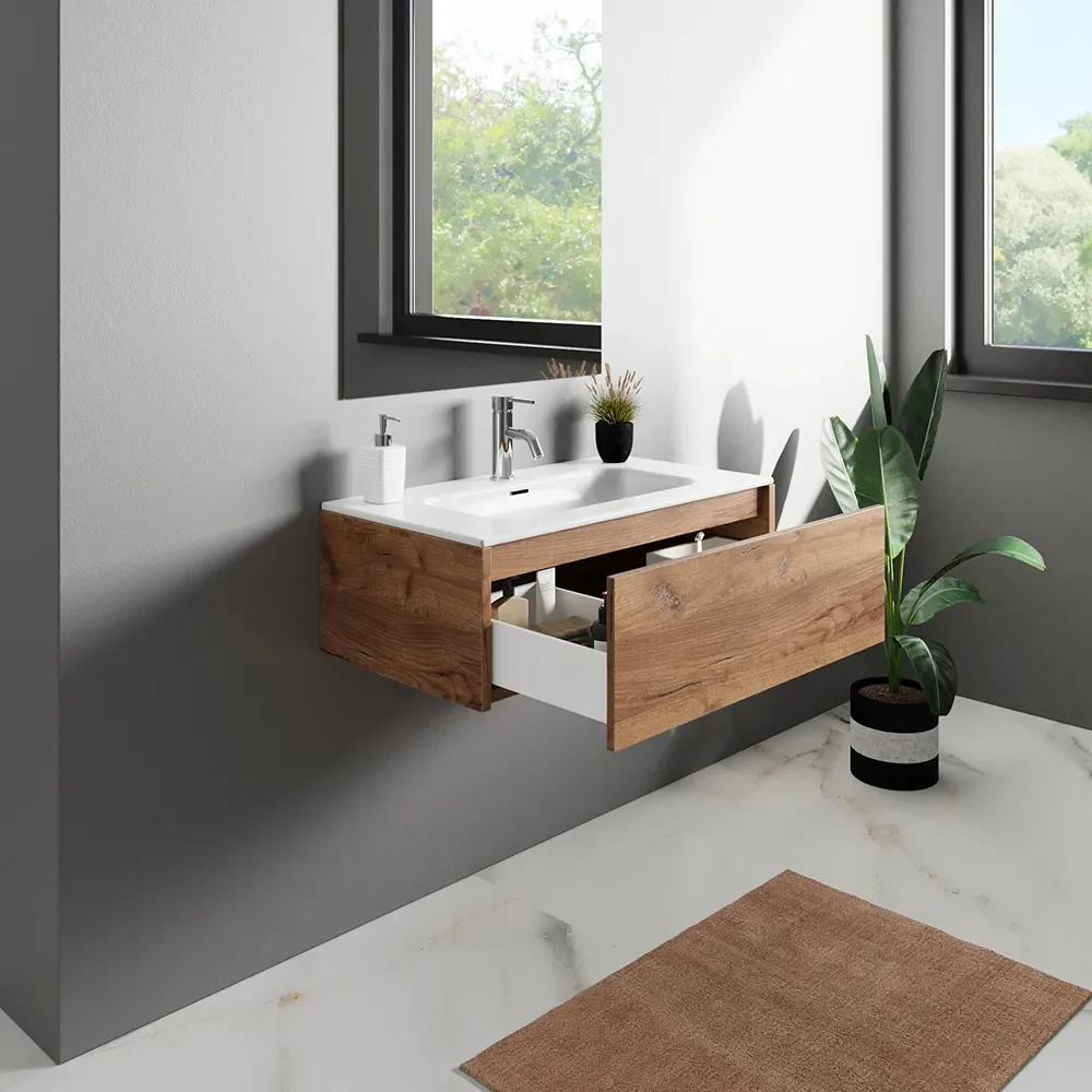 Mobile bagno sospeso 70cm un cassetto apertura push&pull rovere gransasso con lavabo | Galdor - Image 3