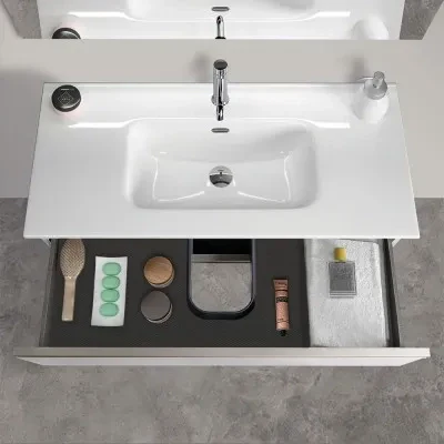 Mobile bagno sospeso 80 cm bianco opaco con lavabo e specchio tondo Master - Image 2