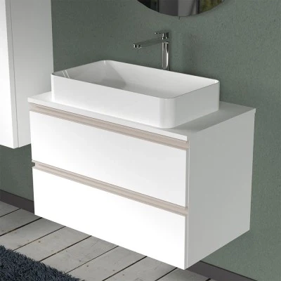 Mobile bagno sospeso 80 cm bianco opaco con top e specchio tondo Master - Image 3