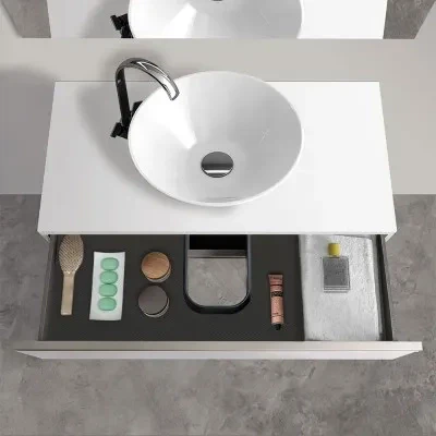 Mobile bagno sospeso 80 cm bianco opaco con top e specchio tondo Master - Image 7
