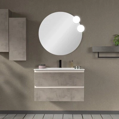 Mobile bagno sospeso 80 cm grigio cemento con lavabo e specchio tondo Master