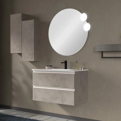Mobile bagno sospeso 80 cm grigio cemento con lavabo e specchio tondo Master - Image 6