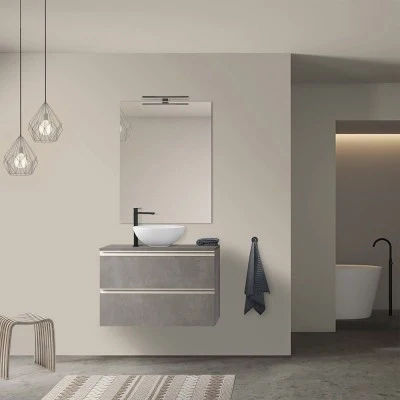 Mobile bagno sospeso 80 cm grigio cemento con top e specchio tondo Master - Image 5