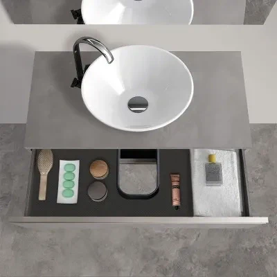 Mobile bagno sospeso 80 cm grigio cemento con top e specchio tondo Master - Image 8