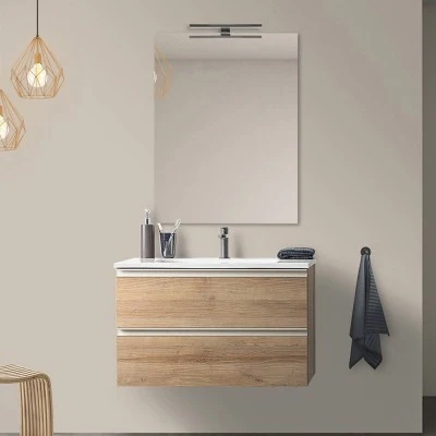 Mobile bagno sospeso 80 cm rovere miele con lavabo e specchio tondo Master