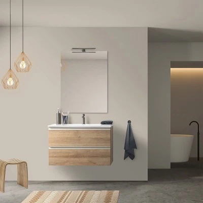 Mobile bagno sospeso 80 cm rovere miele con lavabo e specchio tondo Master - Image 6