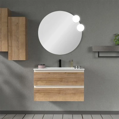 Mobile bagno sospeso 80 cm rovere miele con lavabo e specchio tondo Master - Image 7
