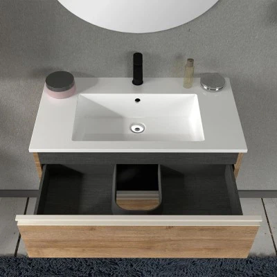 Mobile bagno sospeso 80 cm rovere miele con lavabo e specchio tondo Master - Image 8