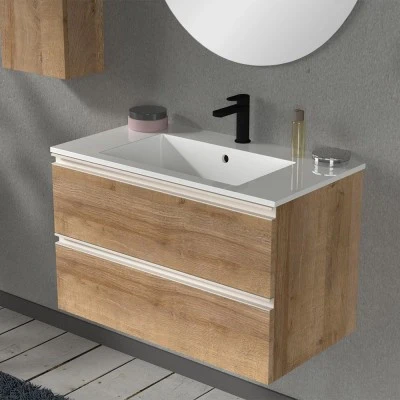Mobile bagno sospeso 80 cm rovere miele con lavabo e specchio tondo Master - Image 9