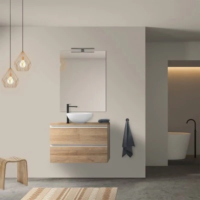 Mobile bagno sospeso 80 cm rovere miele con top e specchio tondo Master - Image 5