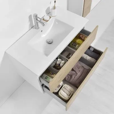 Mobile bagno sospeso 90 cm Duble rovere africa completo di lavabo e specchio - Image 2