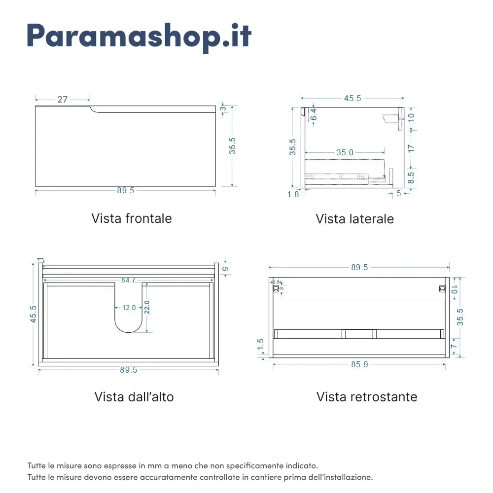 Mobile bagno sospeso 90 cm un cassetto bianco opaco con lavabo | Ardenne - Image 10