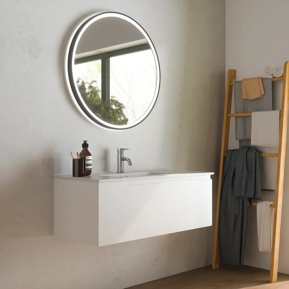 Mobile bagno sospeso 90 cm un cassetto bianco opaco con lavabo | Ardenne - Image 2