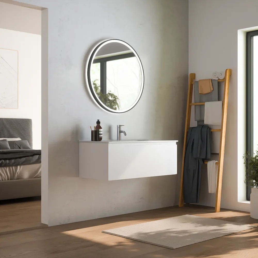 Mobile bagno sospeso 90 cm un cassetto bianco opaco con lavabo | Ardenne - Image 3