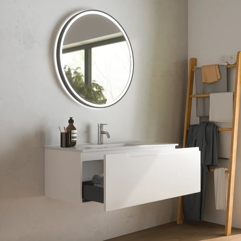 Mobile bagno sospeso 90 cm un cassetto bianco opaco con lavabo | Ardenne - Image 4